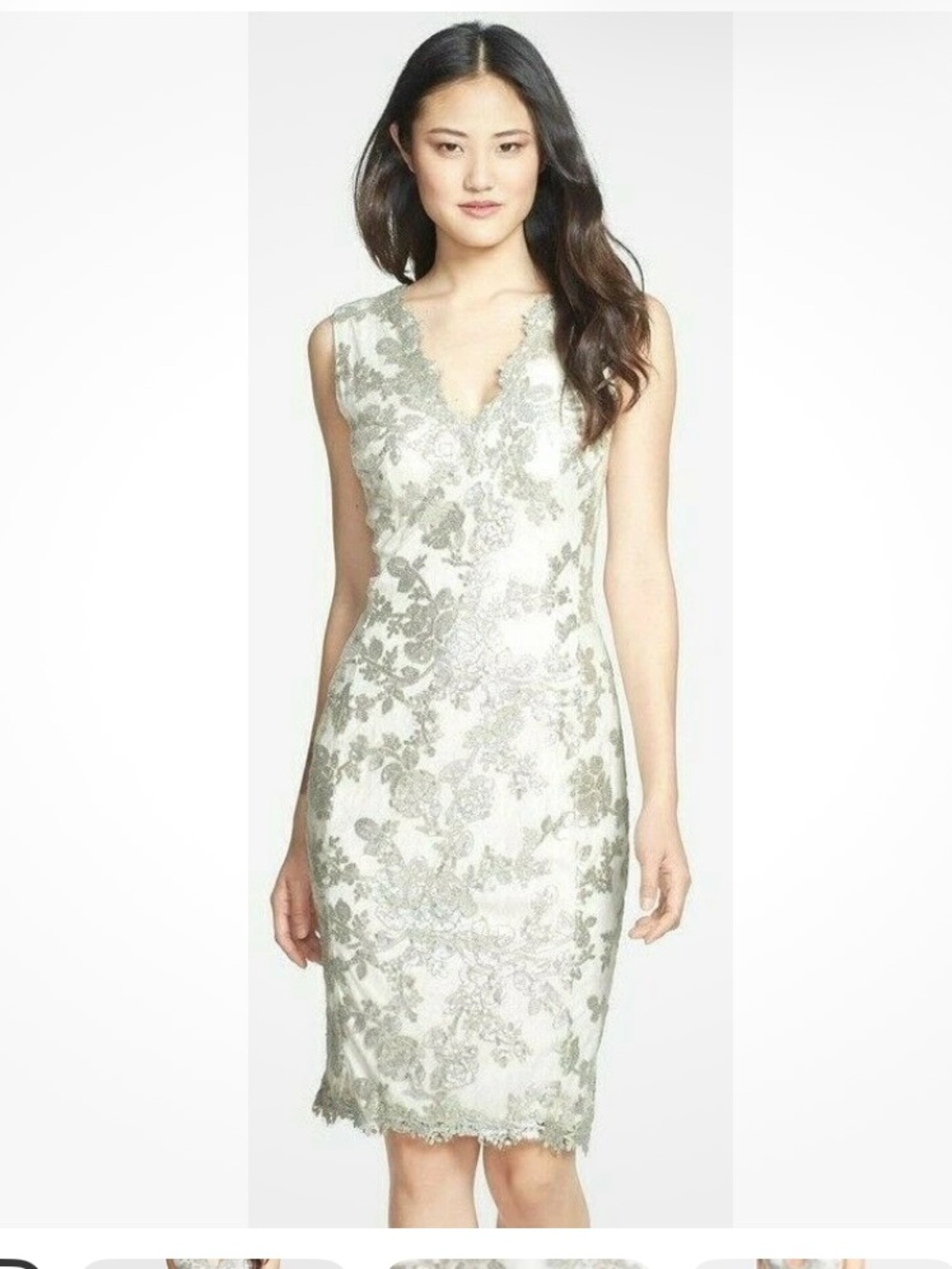 NWT Tadashi Shoji Metallic Feather Embroidered Sequin Lace Cocktail Dress Size 6